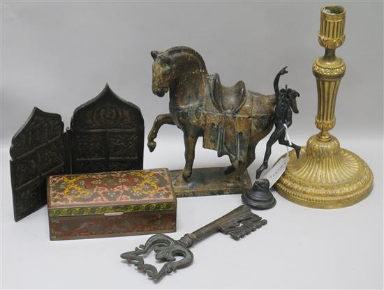 A Spelter horse and mixed metalware